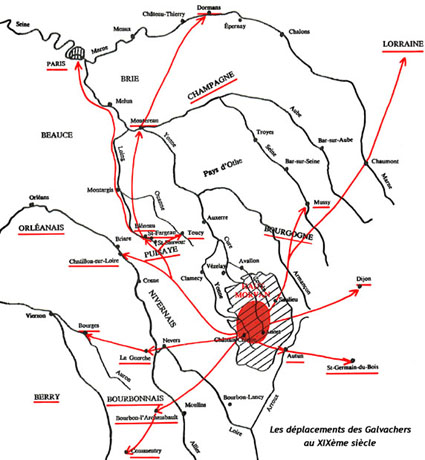 Carte de déplacements des Galvachers au XIXème siècle